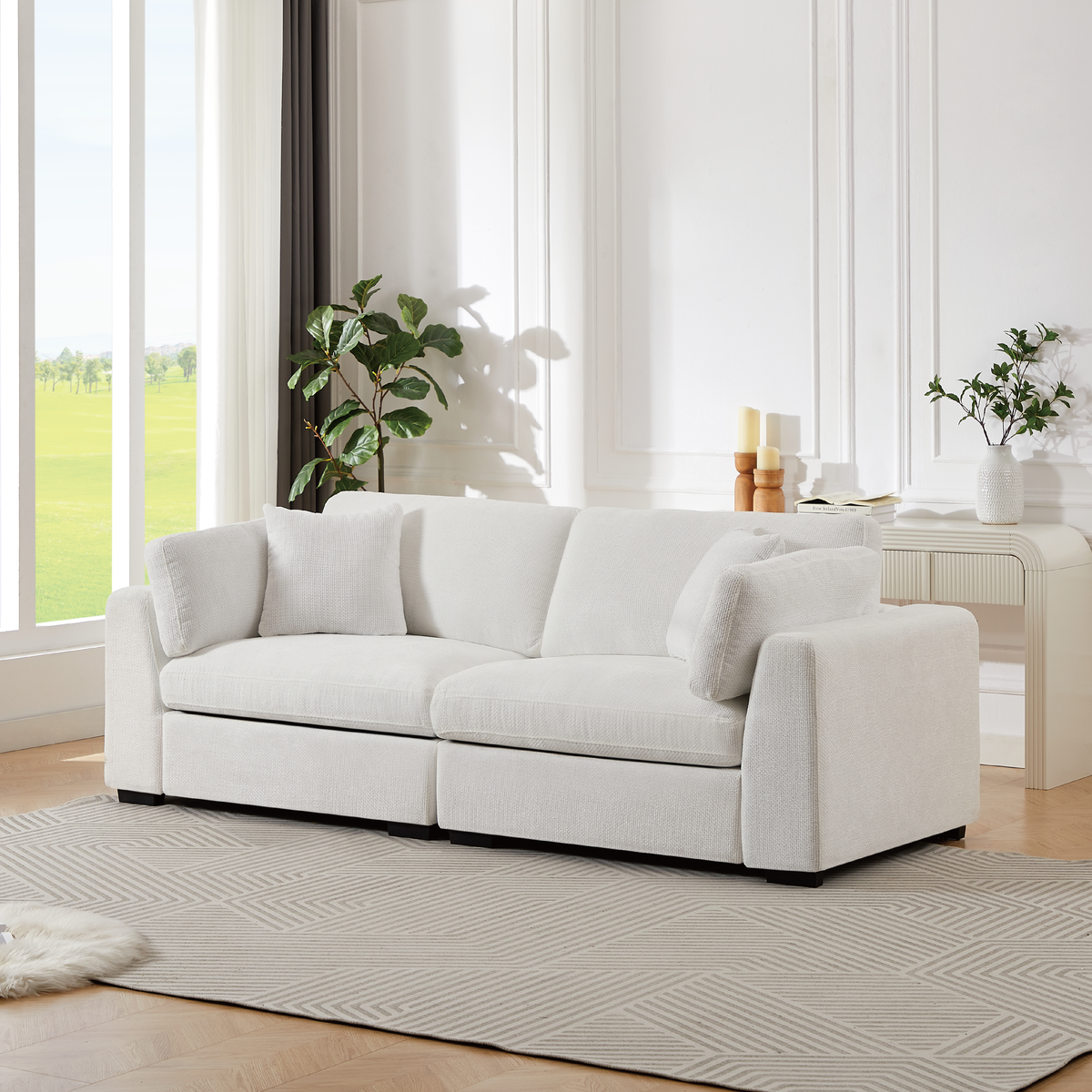 Luis Modular 3-Seater Sofa with Reversible Ottoman – Polyester Upholstered Couch with Deep Cushions, Wide Armrests & Solid Wood Frame