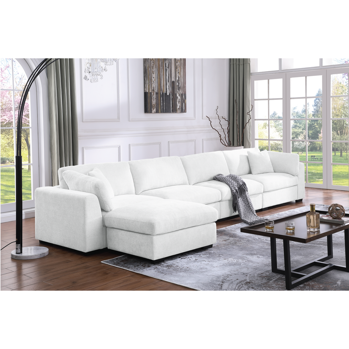 Luis 4-Seat Modular Sectional Sofa with Reversible Ottoman – Polyester Upholstered Couch with Deep Cushions, Wide Armrests & Solid Wood Frame
