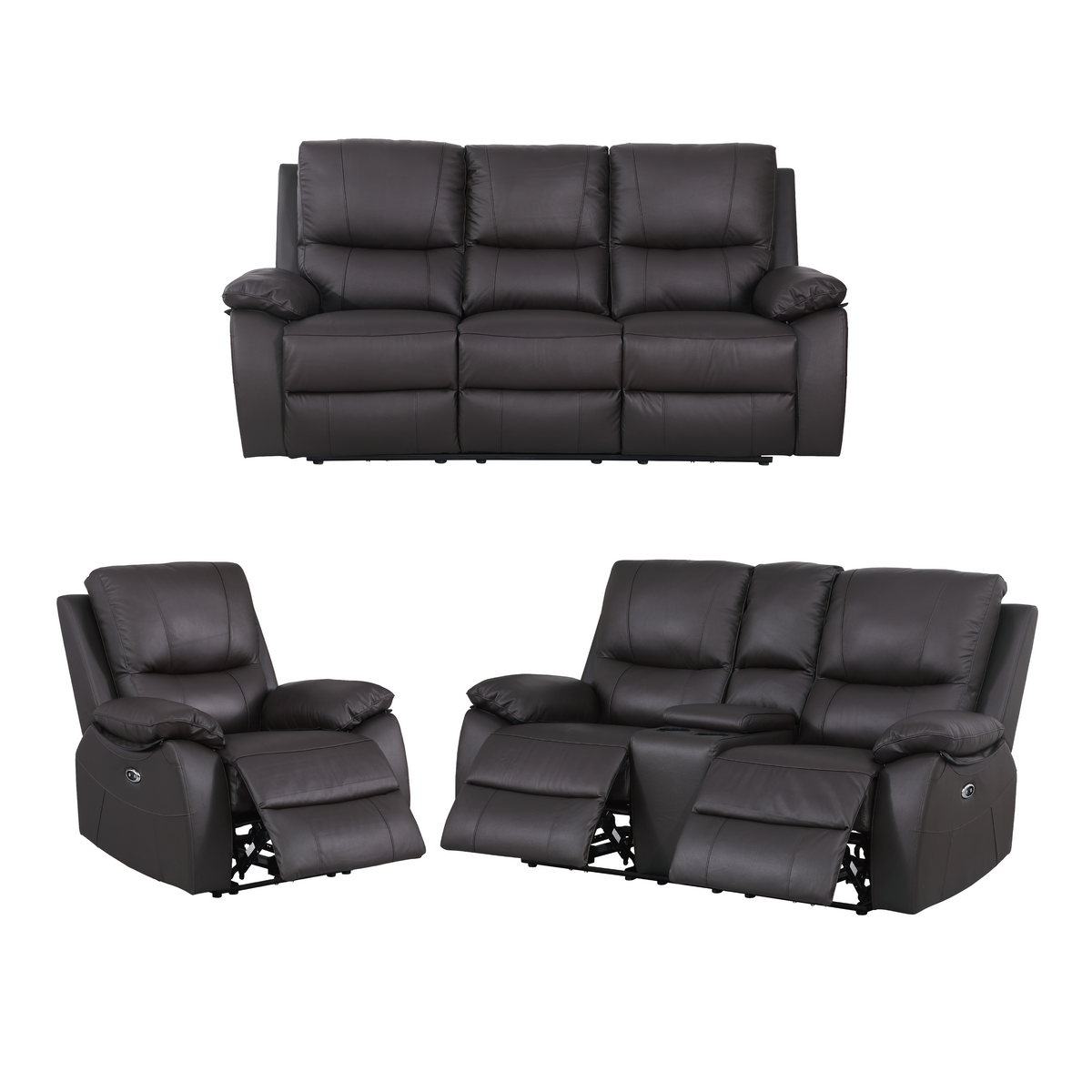 Brita Electric Reclining Sofa Set – Faux Leather with Storage Chaise, USB Charging, Cup Holders & Metal Legs