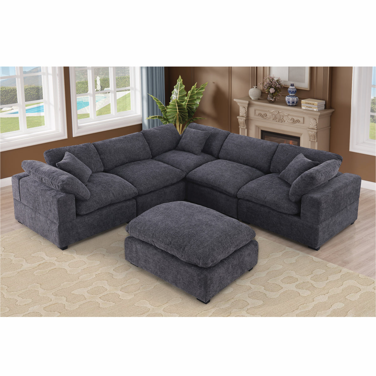 Cassie 6-Piece Oversized Modular Sectional Sofa with Large Ottoman – Chenille Upholstery, Deep Spring Cushions & Durable Pine Wood Frame