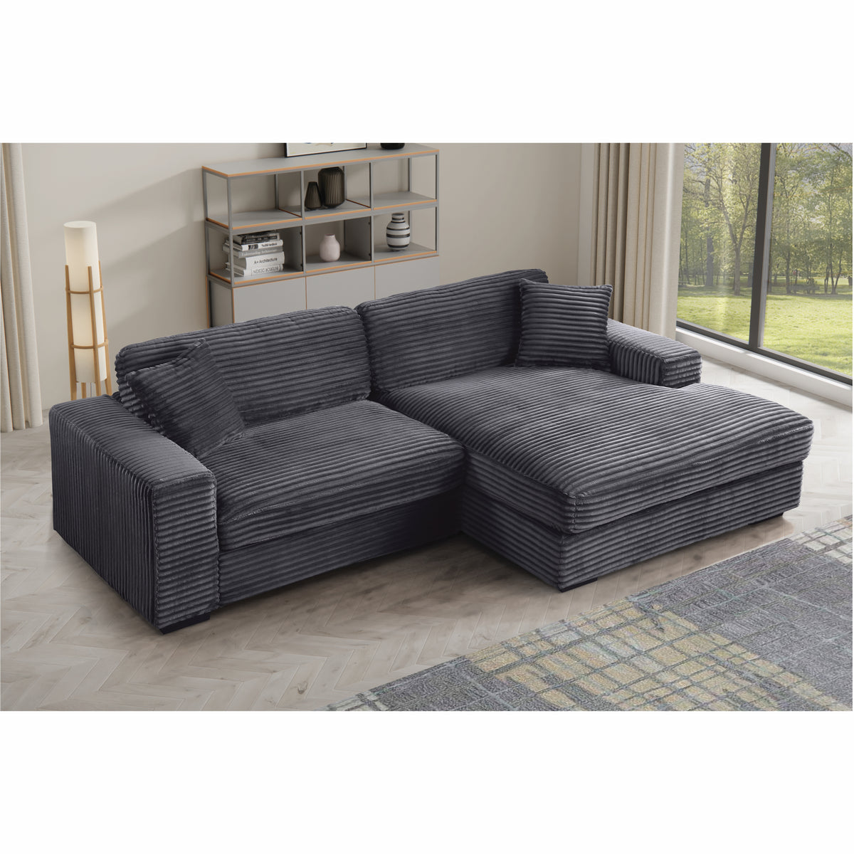Liam 2-Piece Oversized L-Shaped Sectional Sofa in Corduroy – Deep Seat Chaise Couch with Plush Cushions & Striped Upholstery for Modern Living Rooms
