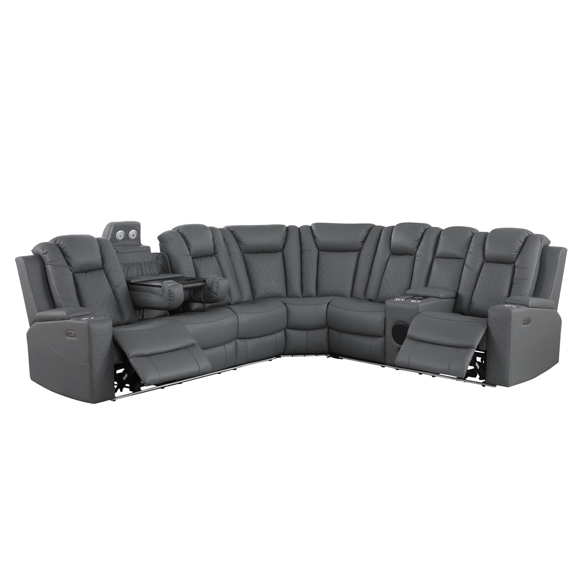 Ollie Faux Home Theater Electric Recliner Sectional – Ergonomic Sofa with USB Charging, Cup Holders, and Surround Sound Speakers