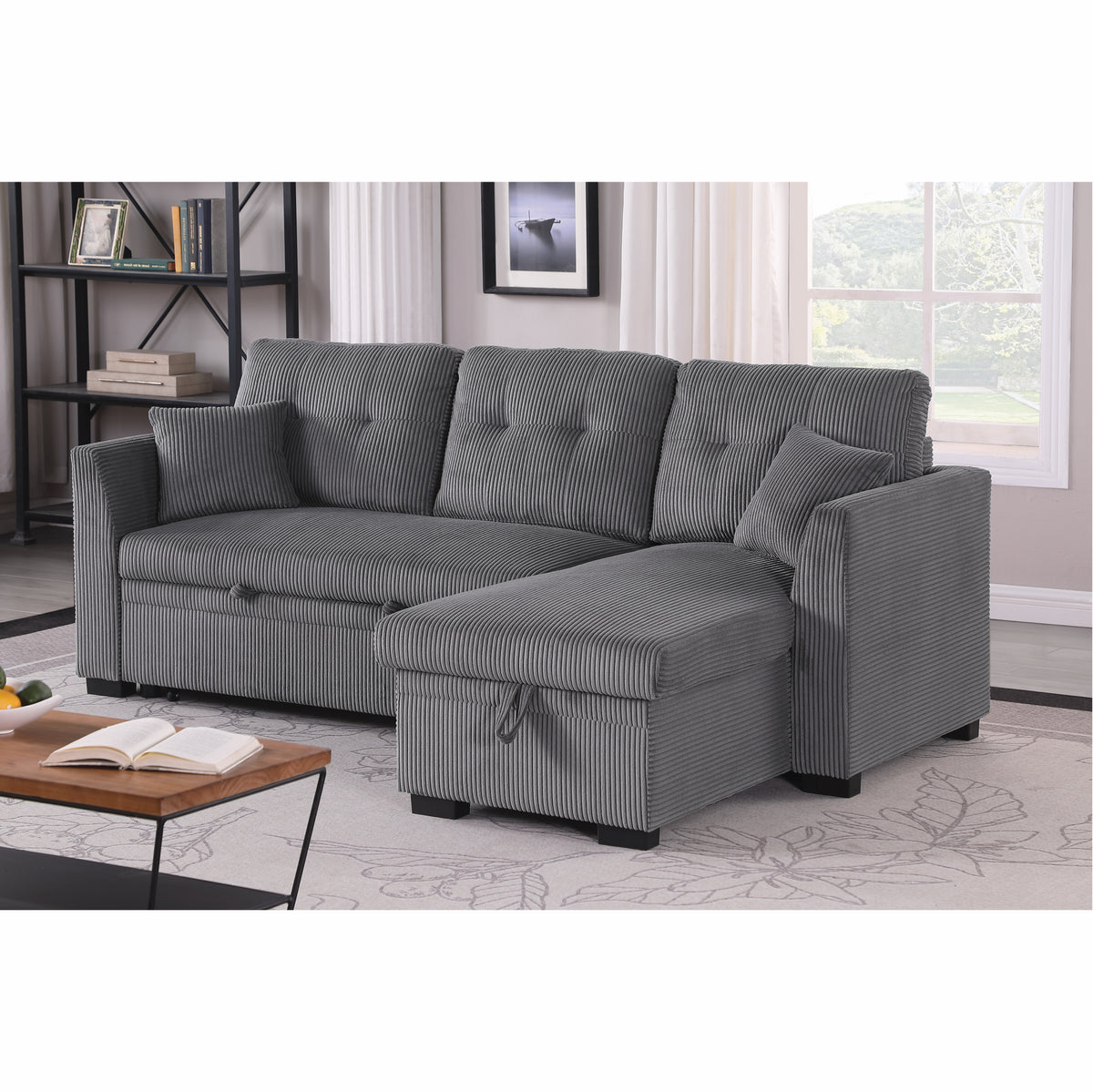 Joseph Corduroy Sleeper Sofa Bed with Storage Chaise – L-Shaped Convertible Couch with Trundle & Soft Upholstery for Small Spaces