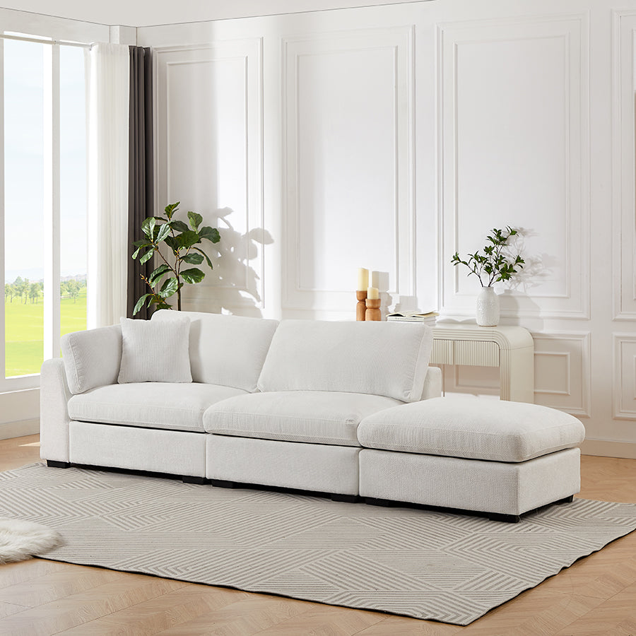 Luis Modular 3-Seater Sofa with Reversible Ottoman – Polyester Upholstered Couch with Deep Cushions, Wide Armrests & Solid Wood Frame