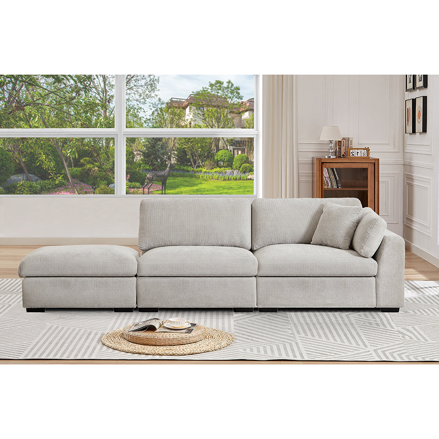 Luis Modular 3-Seater Sofa with Reversible Ottoman – Polyester Upholstered Couch with Deep Cushions, Wide Armrests & Solid Wood Frame