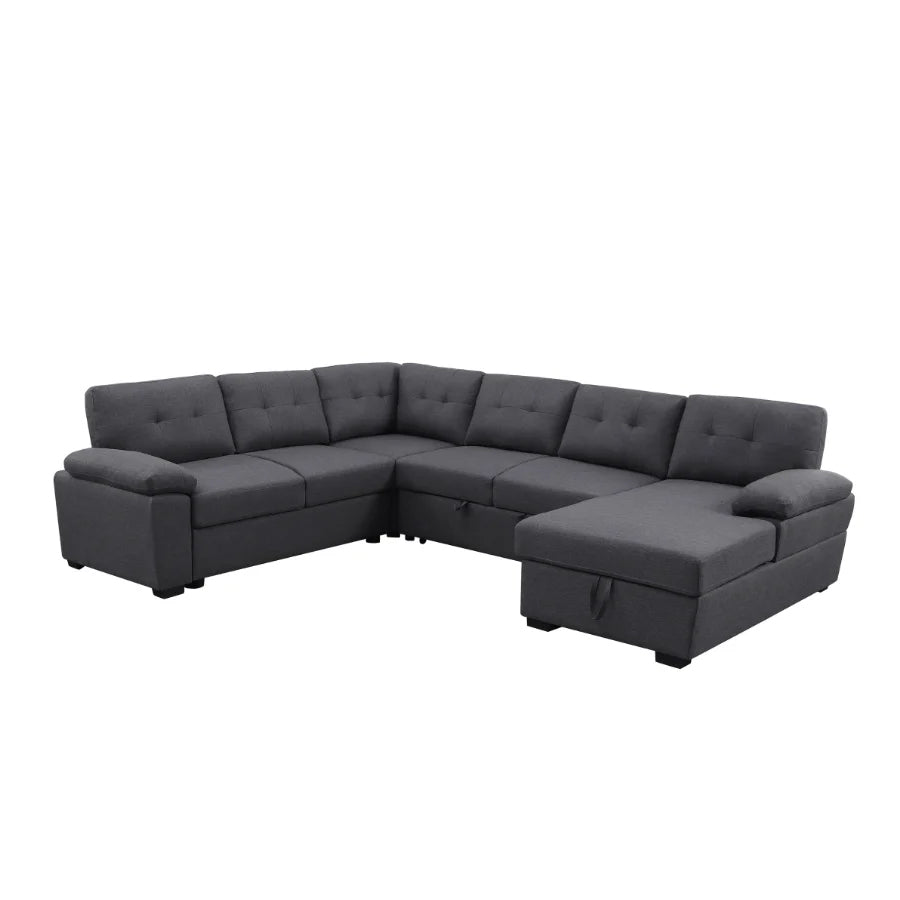 Aine Convertible Sleeper Sectional Sofa with Storage Chaise – Pull-Out Bed Couch for Living Room, Dark Gray 5-Seater