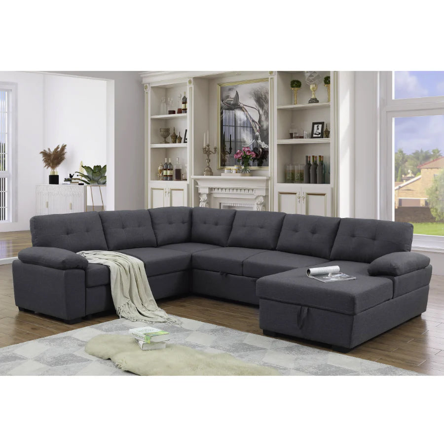 Aine Convertible Sleeper Sectional Sofa with Storage Chaise – Pull-Out Bed Couch for Living Room, Dark Gray 5-Seater