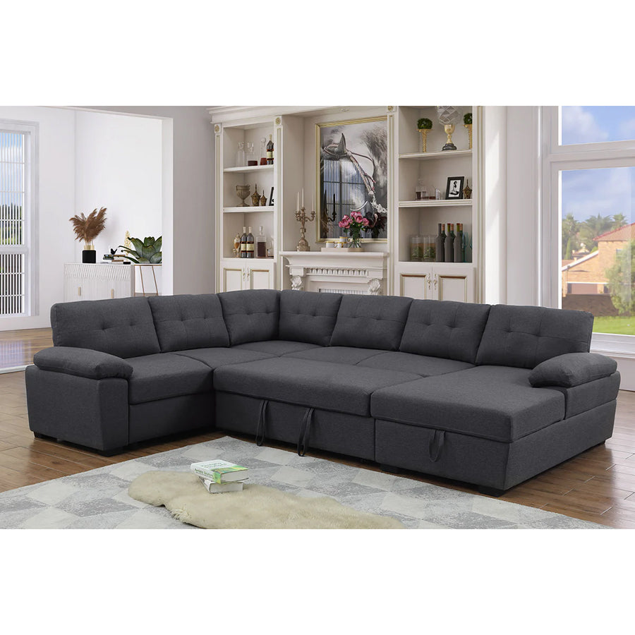 Aine Convertible Sleeper Sectional Sofa with Storage Chaise – Pull-Out Bed Couch for Living Room, Dark Gray 5-Seater