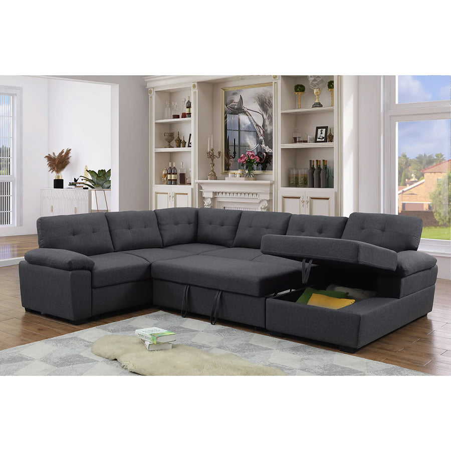 Aine Convertible Sleeper Sectional Sofa with Storage Chaise – Pull-Out Bed Couch for Living Room, Dark Gray 5-Seater
