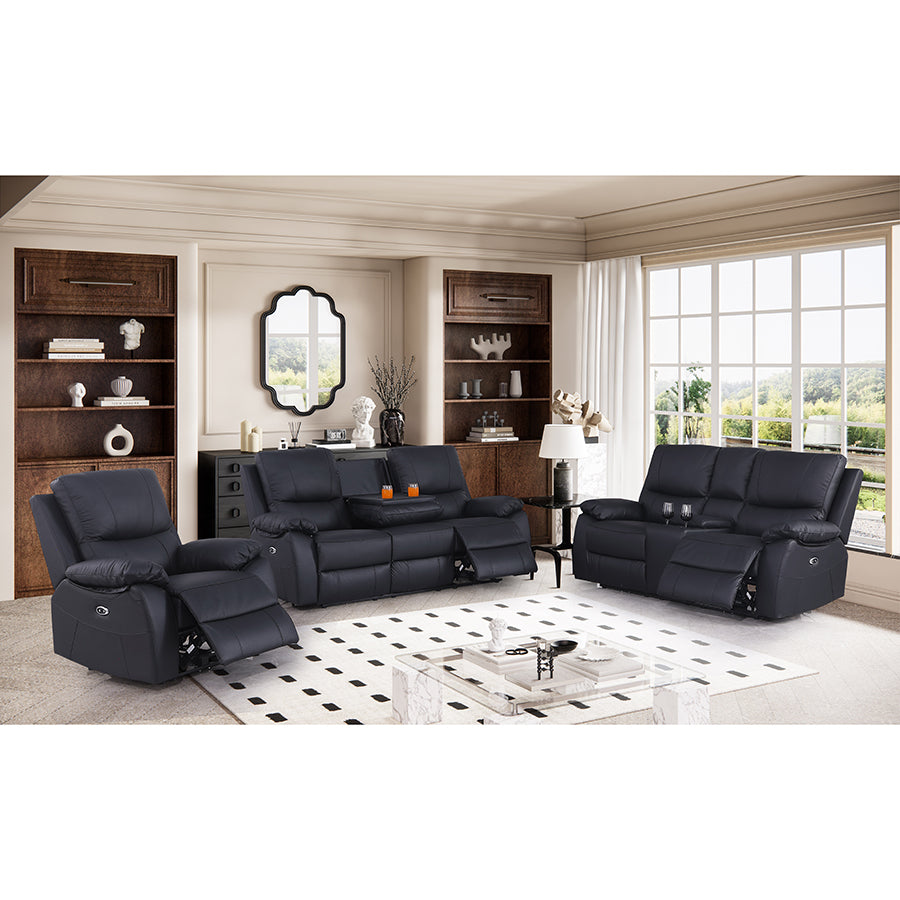 Brita Electric Reclining Sofa Set – Faux Leather with Storage Chaise, USB Charging, Cup Holders & Metal Legs