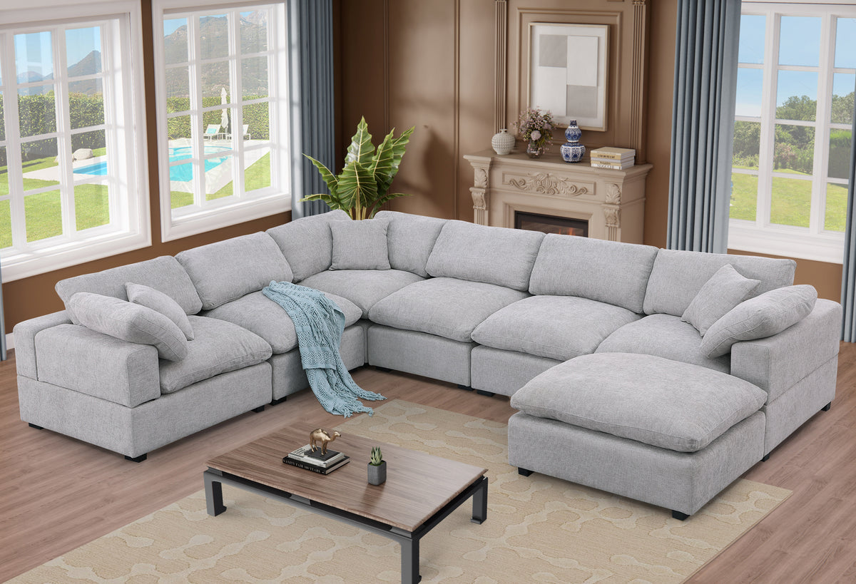 Cassie Oversized 7-Piece Modular Sectional Sofa with Extra-Large Ottomans – Chenille Upholstery, Deep Cushions & Pine Wood Frame
