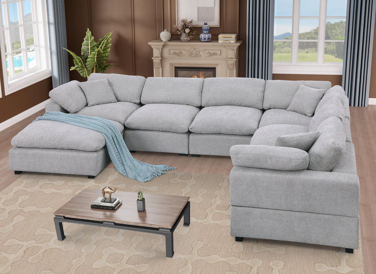 Cassie Oversized 7-Piece Modular Sectional Sofa with Extra-Large Ottomans – Chenille Upholstery, Deep Cushions & Pine Wood Frame