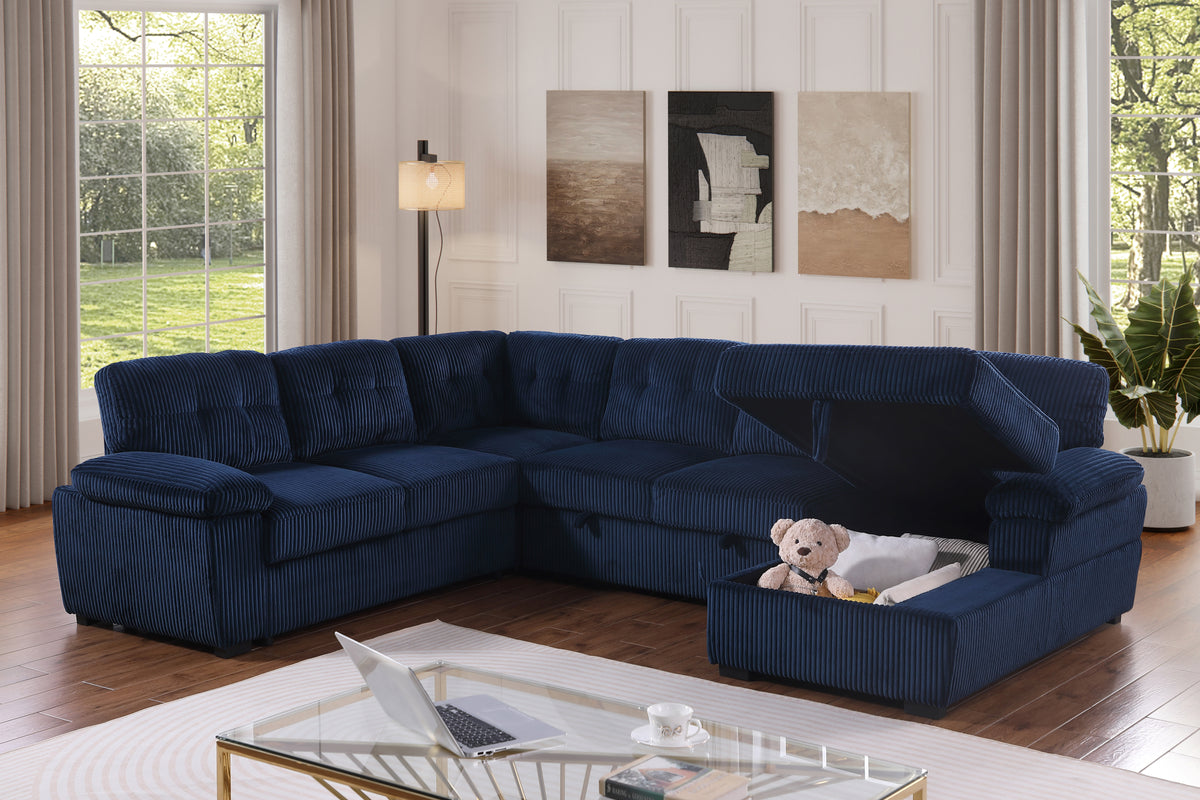Shin Modern Corduroy Sleeper Sectional Sofa with Storage Chaise – Pull-Out Bed Couch with Deep Seats, Wide Armrests & Durable Frame