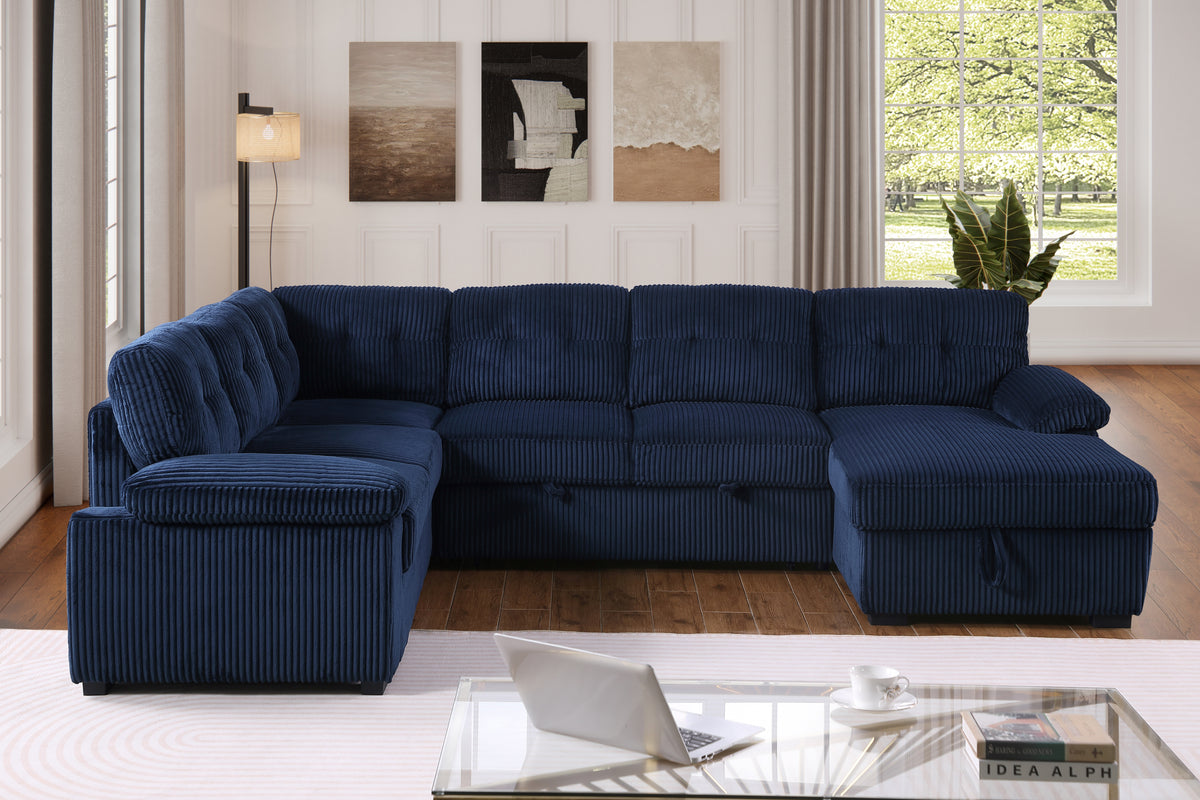 Shin Modern Corduroy Sleeper Sectional Sofa with Storage Chaise – Pull-Out Bed Couch with Deep Seats, Wide Armrests & Durable Frame