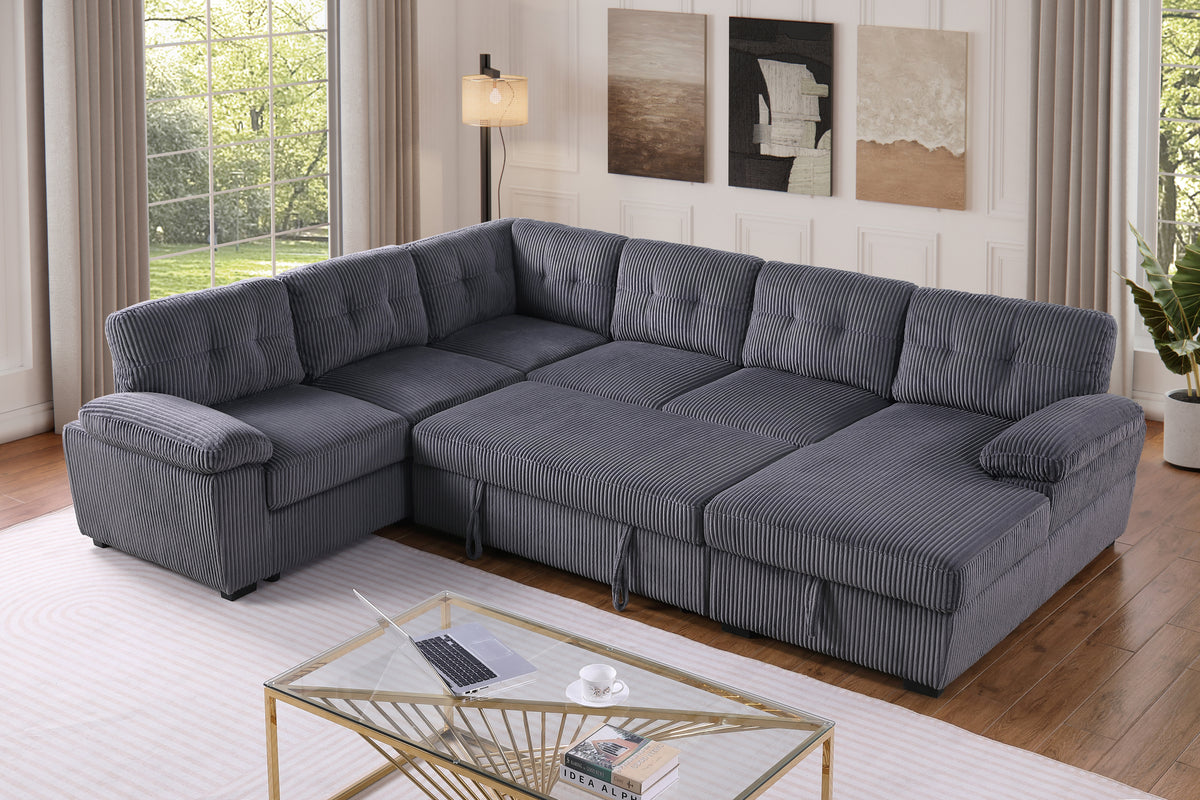 Shin Modern Corduroy Sleeper Sectional Sofa with Storage Chaise – Pull-Out Bed Couch with Deep Seats, Wide Armrests & Durable Frame