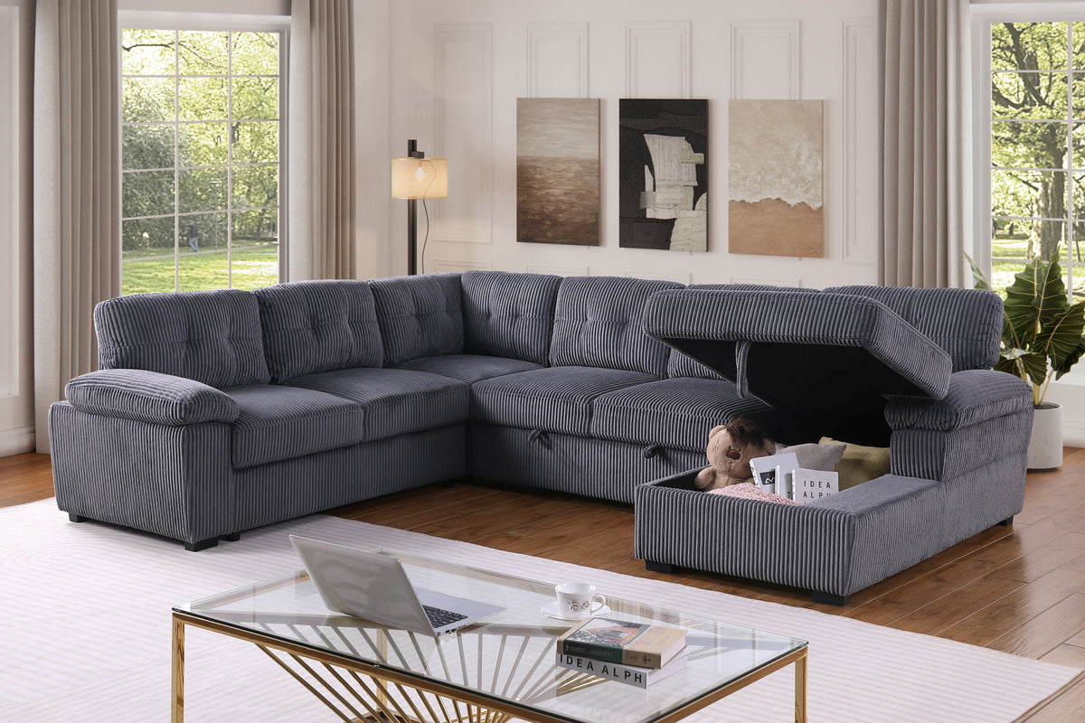 Shin Modern Corduroy Sleeper Sectional Sofa with Storage Chaise – Pull-Out Bed Couch with Deep Seats, Wide Armrests & Durable Frame