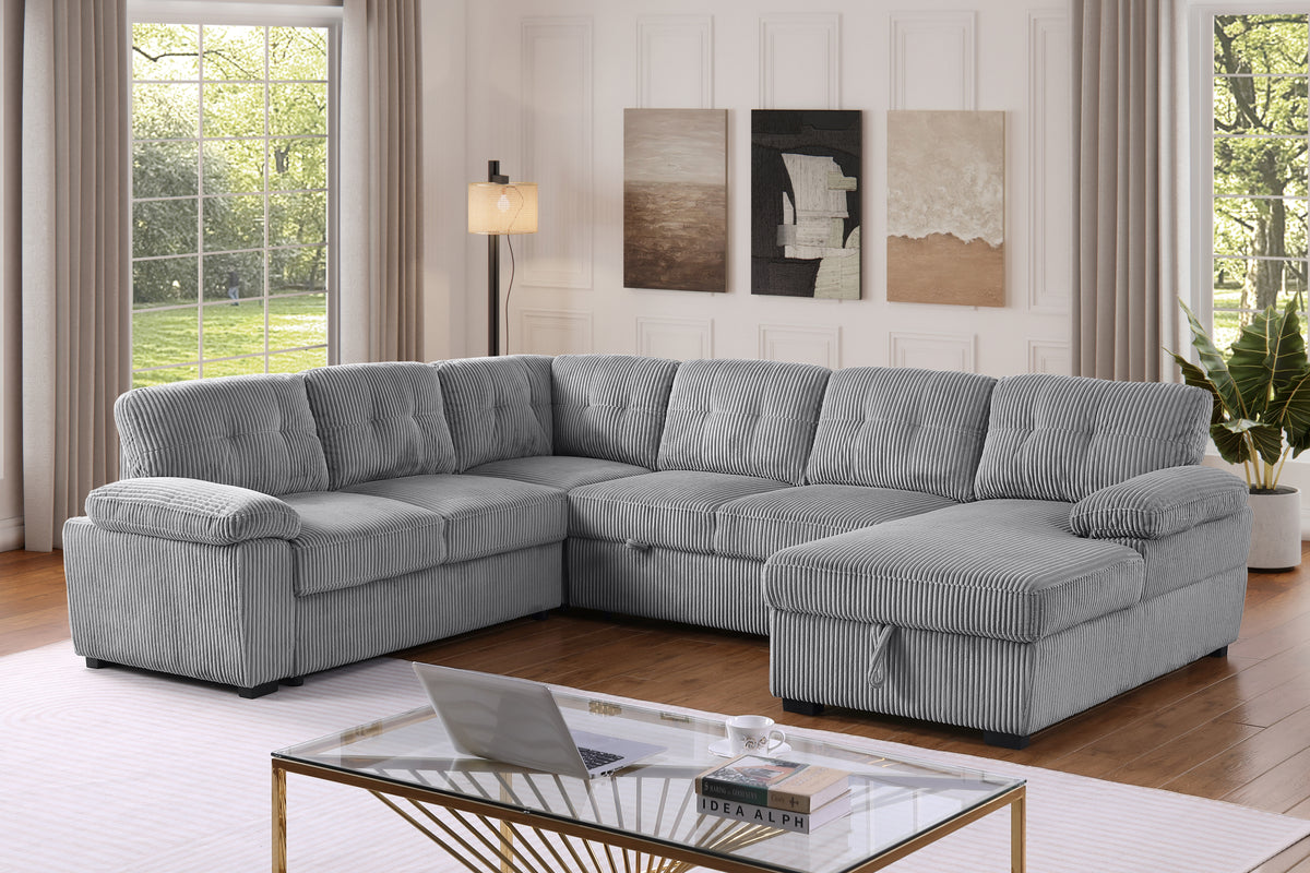 Shin Modern Corduroy Sleeper Sectional Sofa with Storage Chaise – Pull-Out Bed Couch with Deep Seats, Wide Armrests & Durable Frame