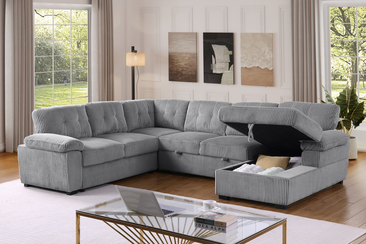 Shin Modern Corduroy Sleeper Sectional Sofa with Storage Chaise – Pull-Out Bed Couch with Deep Seats, Wide Armrests & Durable Frame
