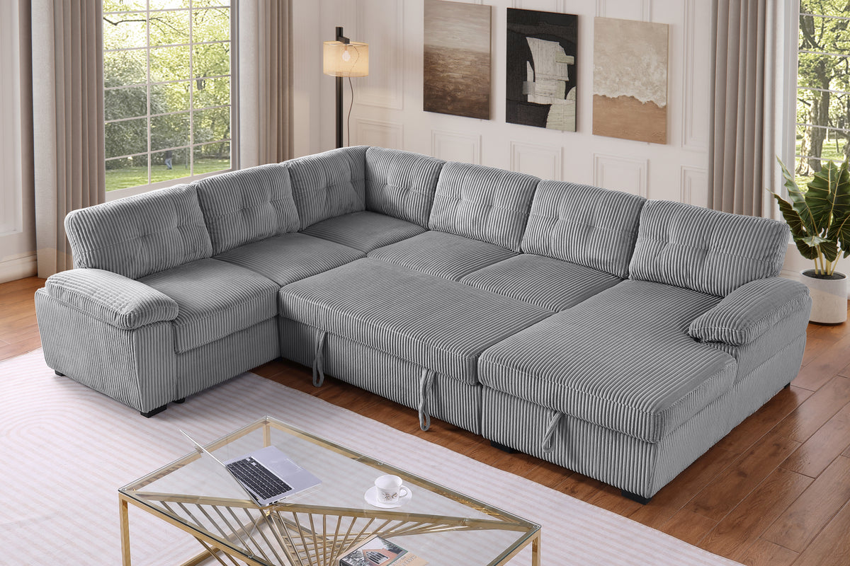 Shin Modern Corduroy Sleeper Sectional Sofa with Storage Chaise – Pull-Out Bed Couch with Deep Seats, Wide Armrests & Durable Frame