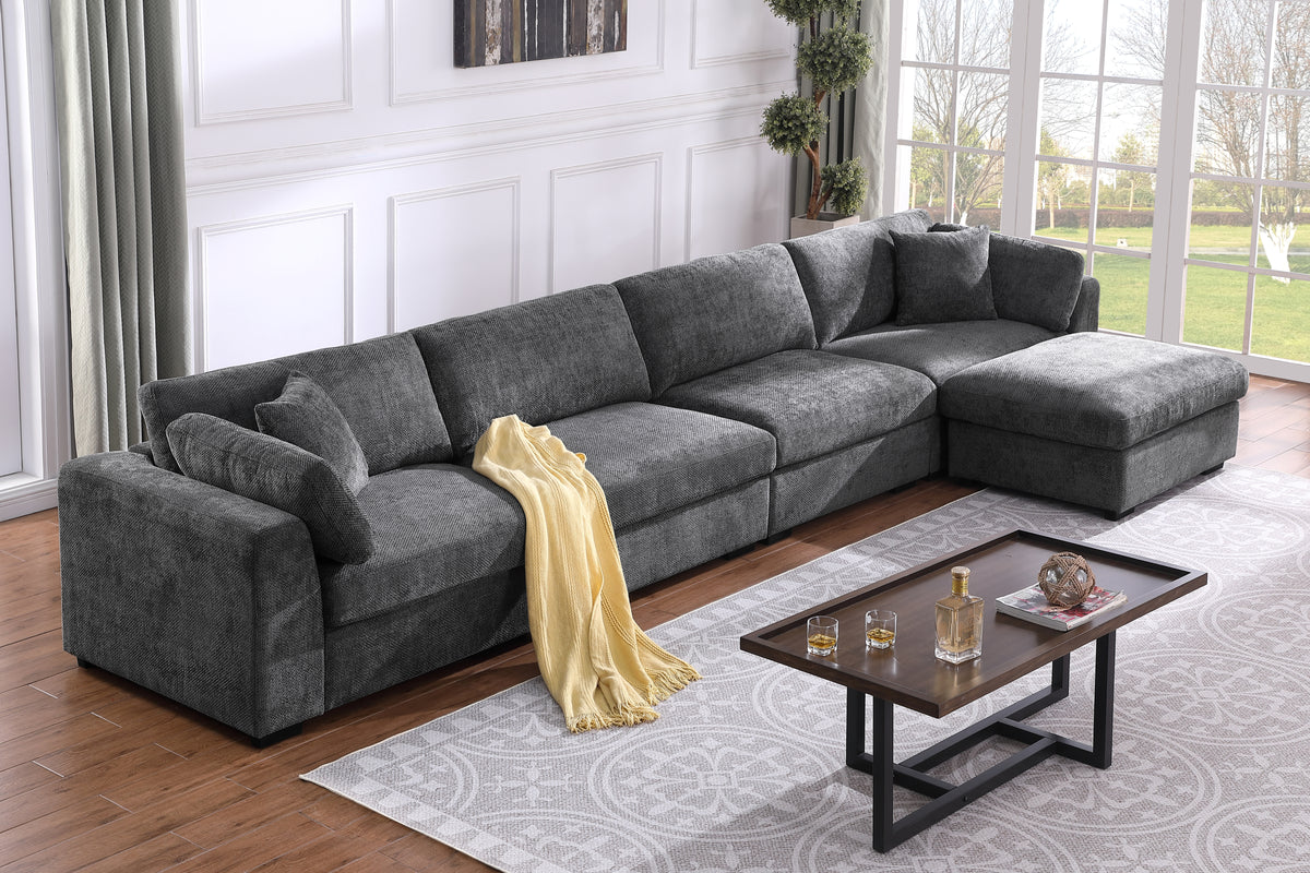 Luis 4-Seat Modular Sectional Sofa with Reversible Ottoman – Polyester Upholstered Couch with Deep Cushions, Wide Armrests & Solid Wood Frame