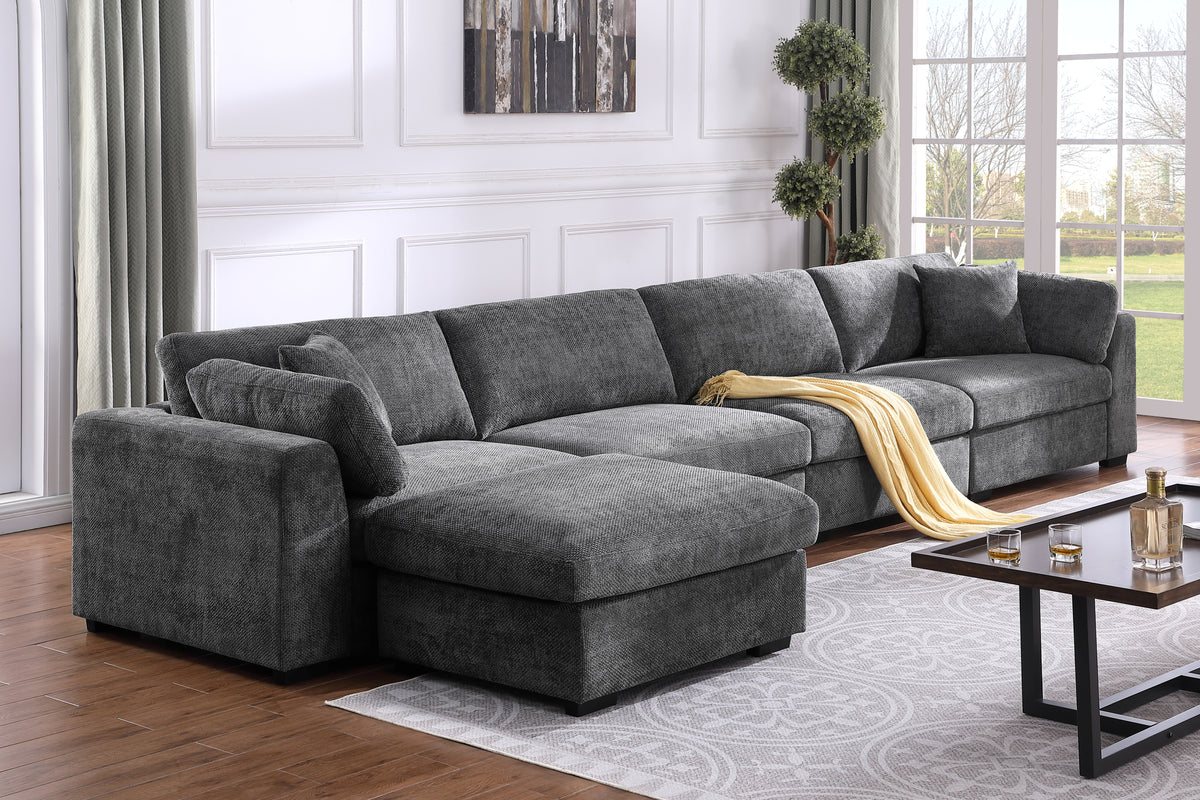 Luis 4-Seat Modular Sectional Sofa with Reversible Ottoman – Polyester Upholstered Couch with Deep Cushions, Wide Armrests & Solid Wood Frame