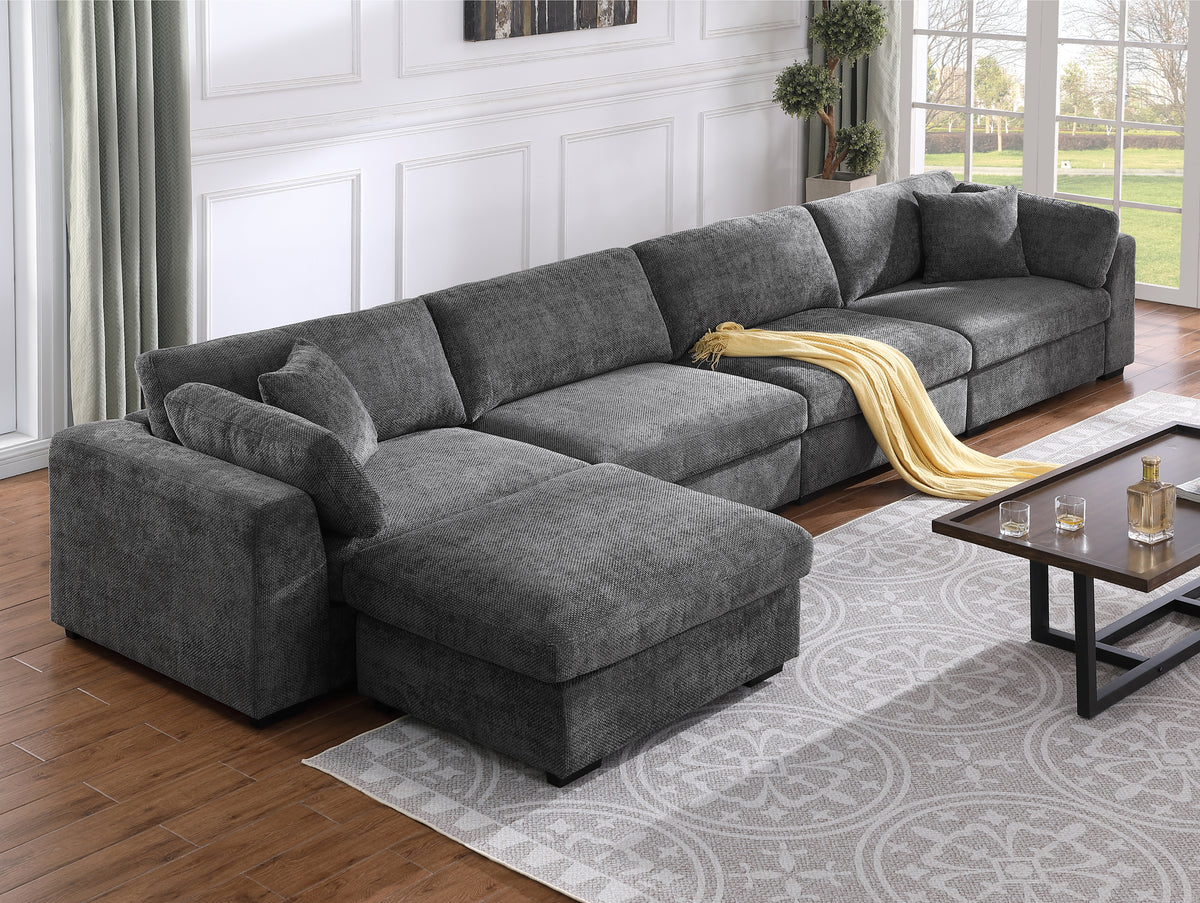Luis 4-Seat Modular Sectional Sofa with Reversible Ottoman – Polyester Upholstered Couch with Deep Cushions, Wide Armrests & Solid Wood Frame