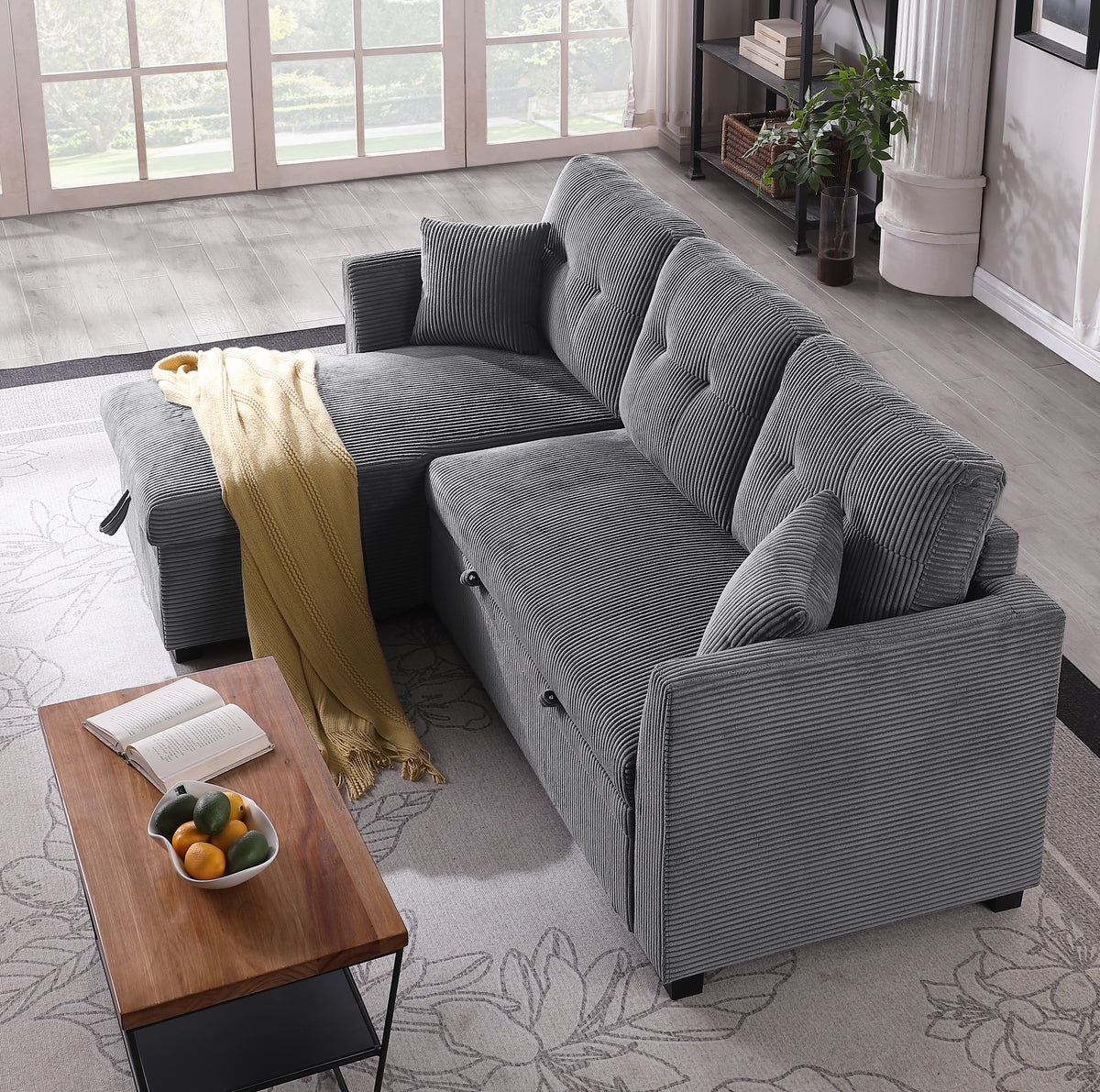 Joseph Corduroy Sleeper Sofa Bed with Storage Chaise – L-Shaped Convertible Couch with Trundle & Soft Upholstery for Small Spaces