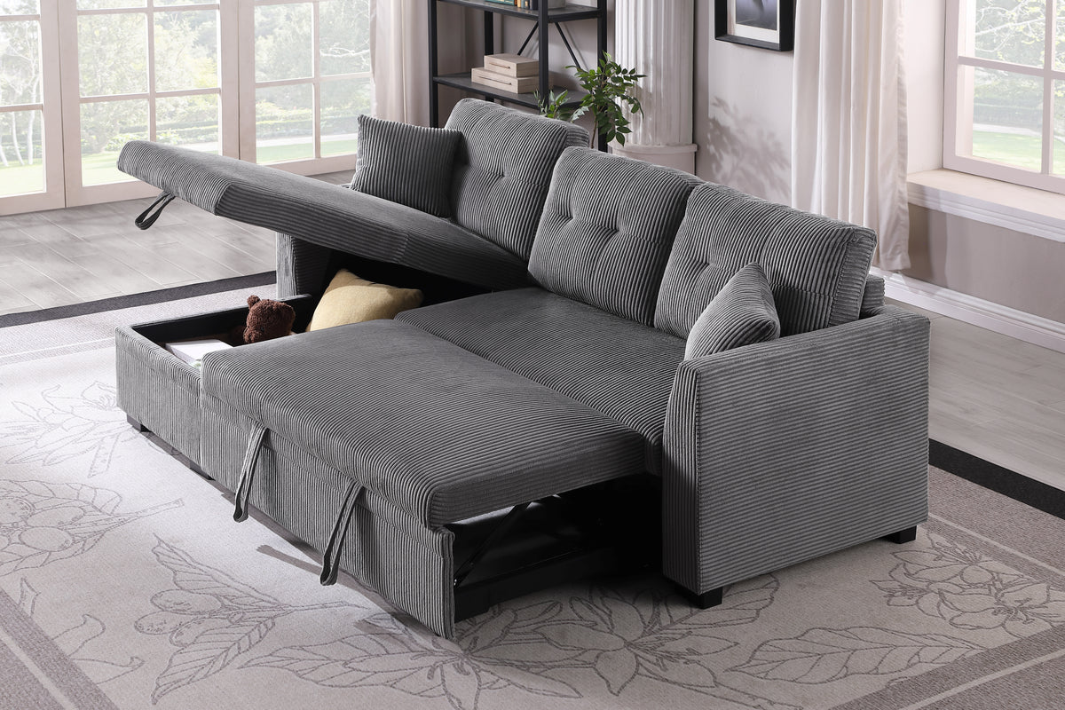 Joseph Corduroy Sleeper Sofa Bed with Storage Chaise – L-Shaped Convertible Couch with Trundle & Soft Upholstery for Small Spaces
