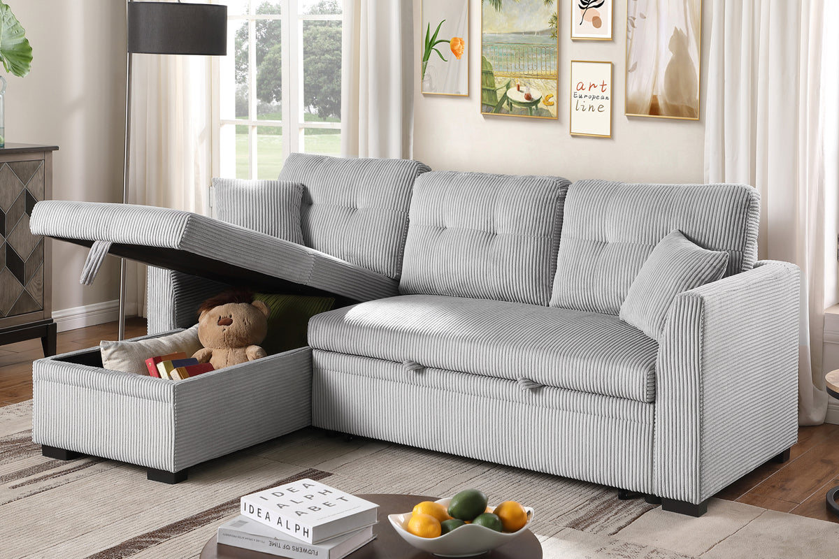 Joseph Corduroy Sleeper Sofa Bed with Storage Chaise – L-Shaped Convertible Couch with Trundle & Soft Upholstery for Small Spaces