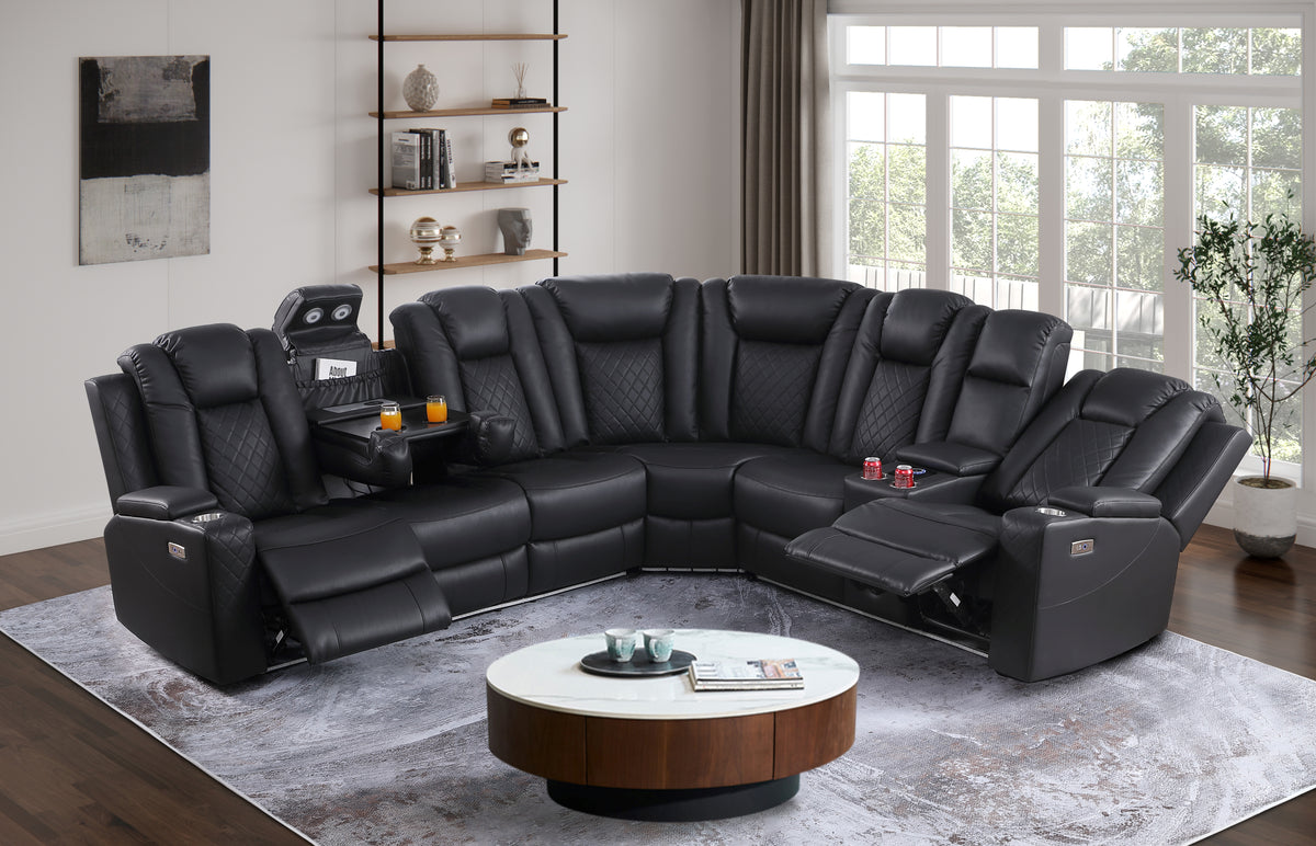 Ollie Faux Home Theater Electric Recliner Sectional – Ergonomic Sofa with USB Charging, Cup Holders, and Surround Sound Speakers