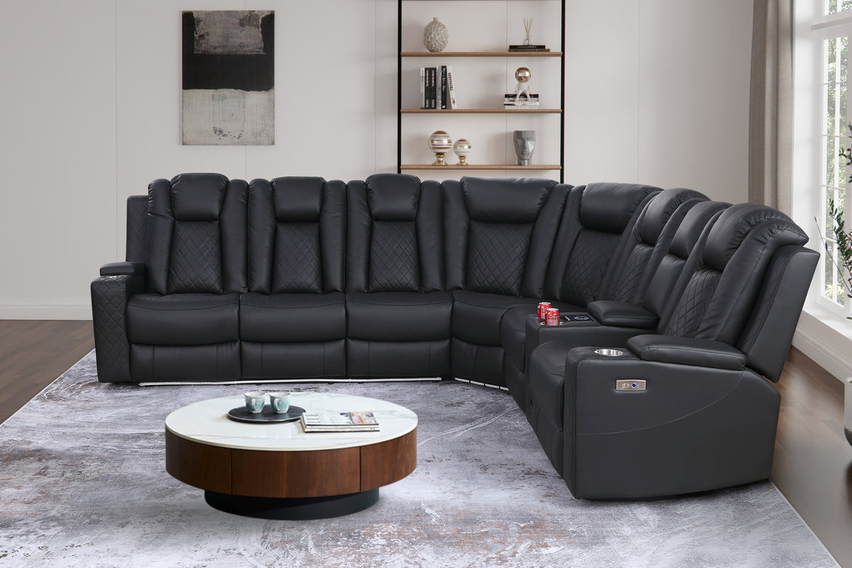Ollie Faux Home Theater Electric Recliner Sectional – Ergonomic Sofa with USB Charging, Cup Holders, and Surround Sound Speakers