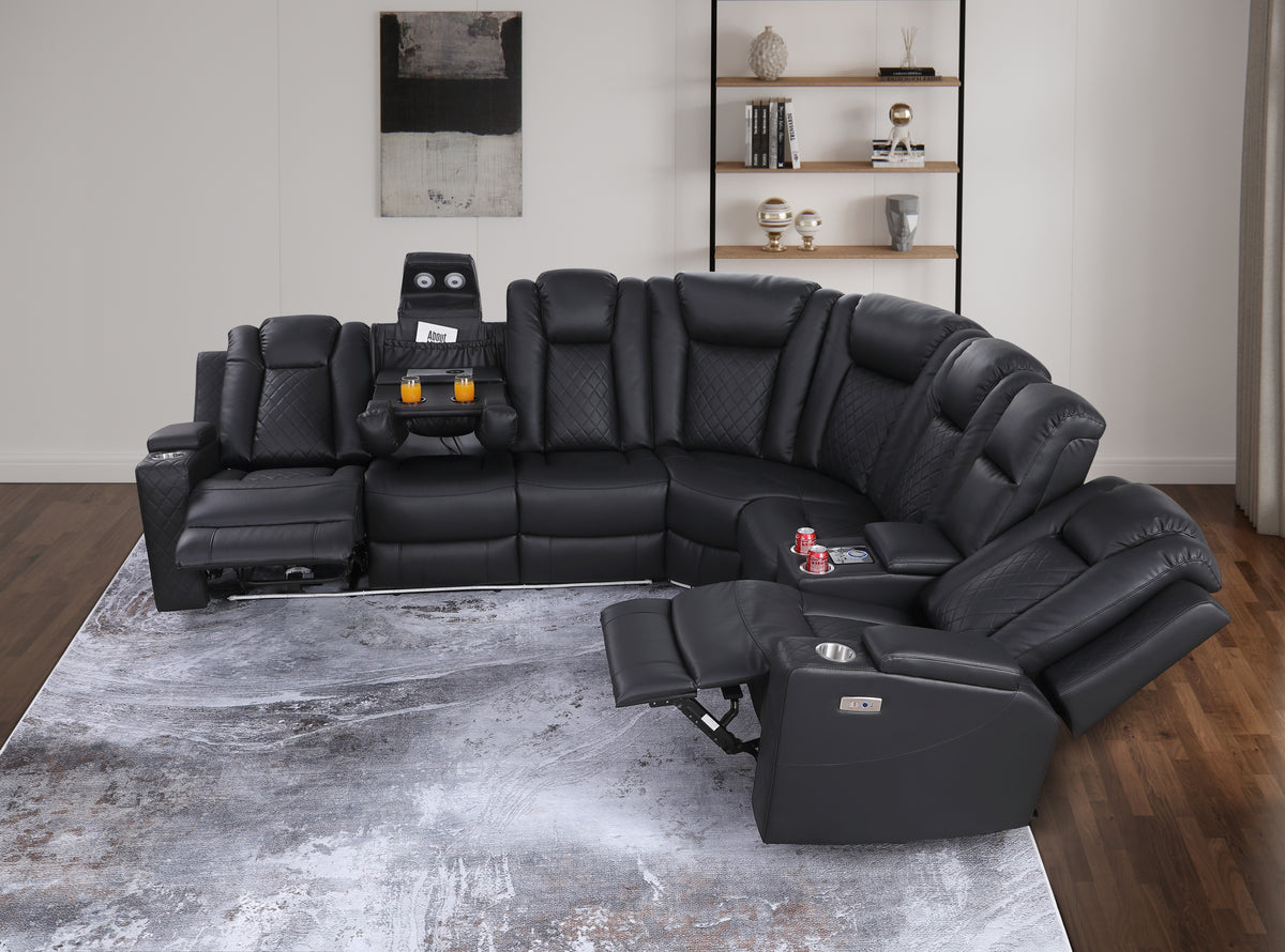 Ollie Faux Home Theater Electric Recliner Sectional – Ergonomic Sofa with USB Charging, Cup Holders, and Surround Sound Speakers