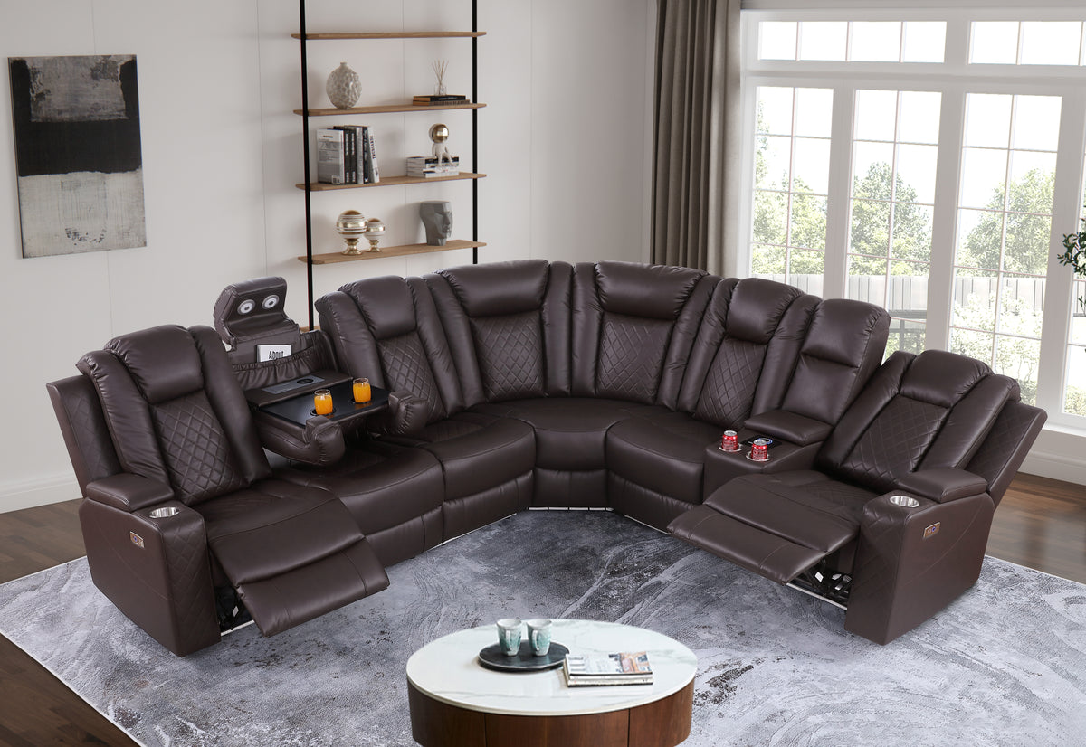 Ollie Faux Home Theater Electric Recliner Sectional – Ergonomic Sofa with USB Charging, Cup Holders, and Surround Sound Speakers