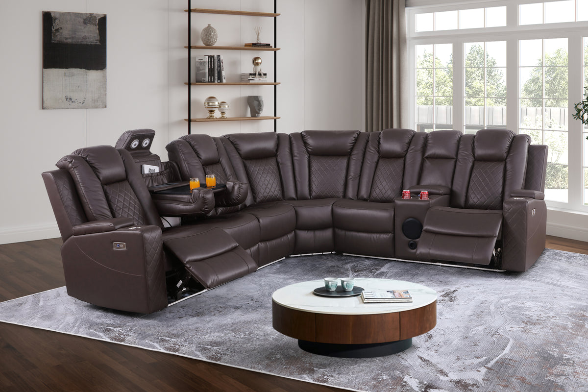 Ollie Faux Home Theater Electric Recliner Sectional – Ergonomic Sofa with USB Charging, Cup Holders, and Surround Sound Speakers