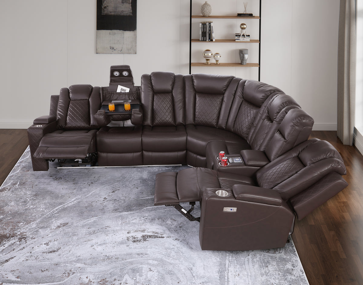 Ollie Faux Home Theater Electric Recliner Sectional – Ergonomic Sofa with USB Charging, Cup Holders, and Surround Sound Speakers