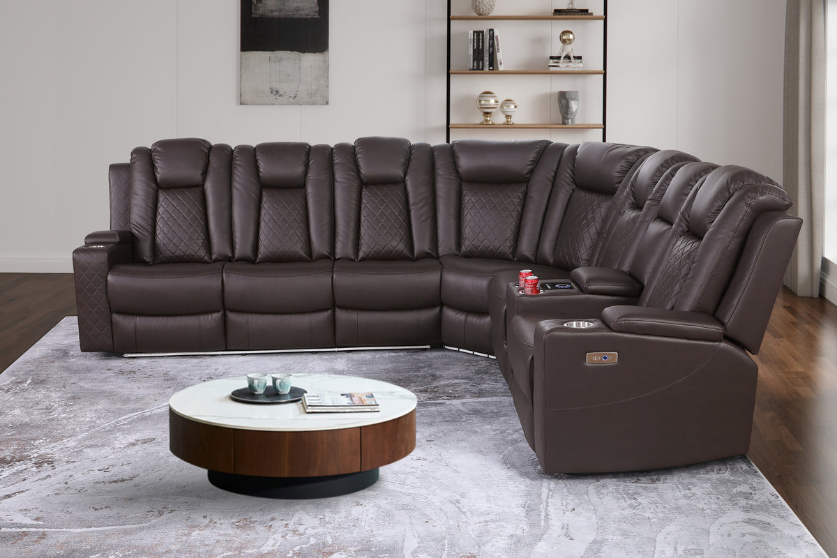 Ollie Faux Home Theater Electric Recliner Sectional – Ergonomic Sofa with USB Charging, Cup Holders, and Surround Sound Speakers