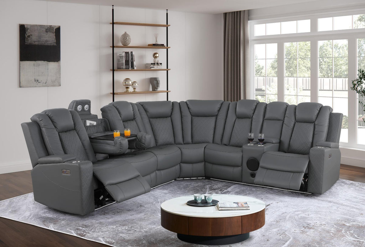Ollie Faux Home Theater Electric Recliner Sectional – Ergonomic Sofa with USB Charging, Cup Holders, and Surround Sound Speakers