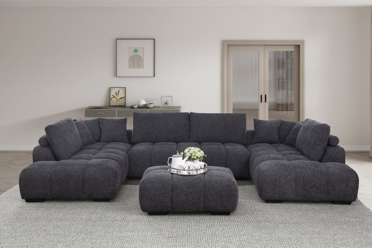 Kingsley Wide 4-Piece Modular U-Shaped Sectional Sofa with Double Chaises – Chenille Upholstery, Tufted Cushions & Oversized Ottoman for Family Comfort
