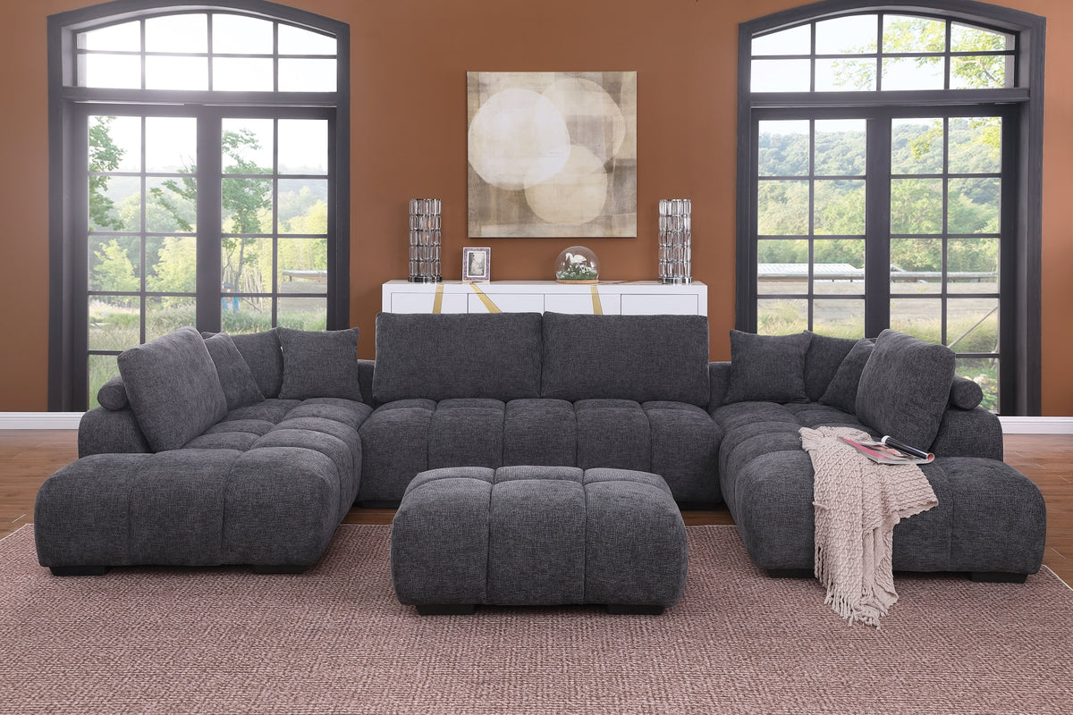 Kingsley Wide 4-Piece Modular U-Shaped Sectional Sofa with Double Chaises – Chenille Upholstery, Tufted Cushions & Oversized Ottoman for Family Comfort