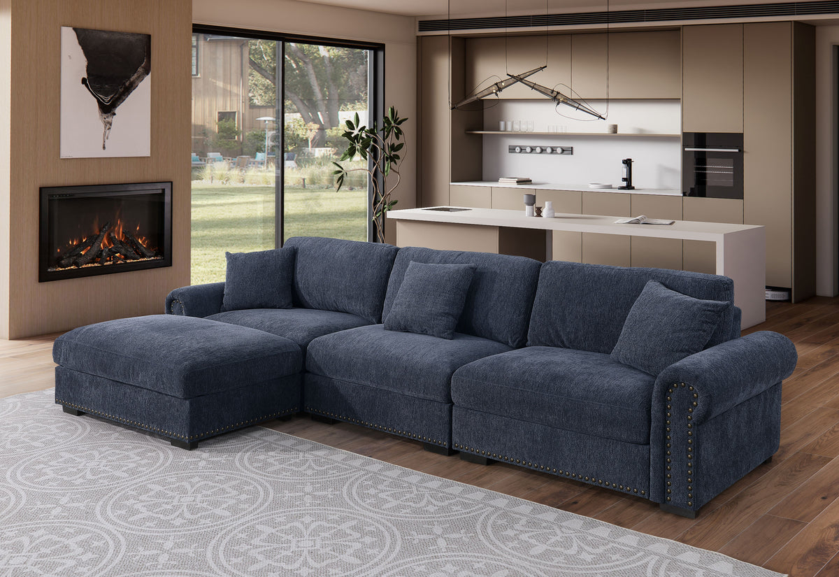 Oliver Modular Sectional Sofa with Nailhead Trim, Reversible Ottoman & Armless Chair – High-Density Foam Cushions & Pocket Spring Support