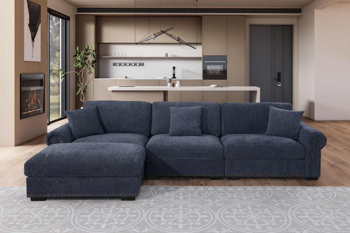 Oliver Modular Sectional Sofa with Nailhead Trim, Reversible Ottoman & Armless Chair – High-Density Foam Cushions & Pocket Spring Support