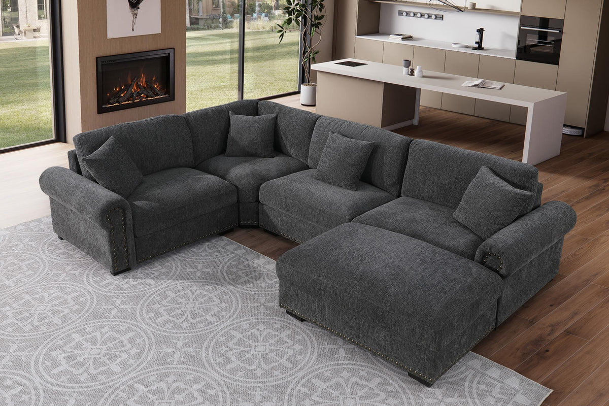 Oliver Modular Fabric Sectional Sofa with Nail head Trim, Reversible Ottoman & Armless Chair & Custom Layout Design