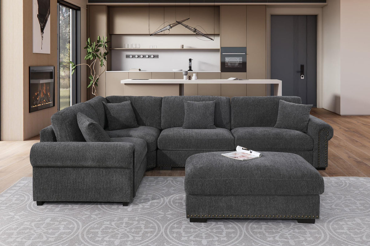 Oliver Modular Fabric Sectional Sofa with Nail head Trim, Reversible Ottoman & Armless Chair & Custom Layout Design