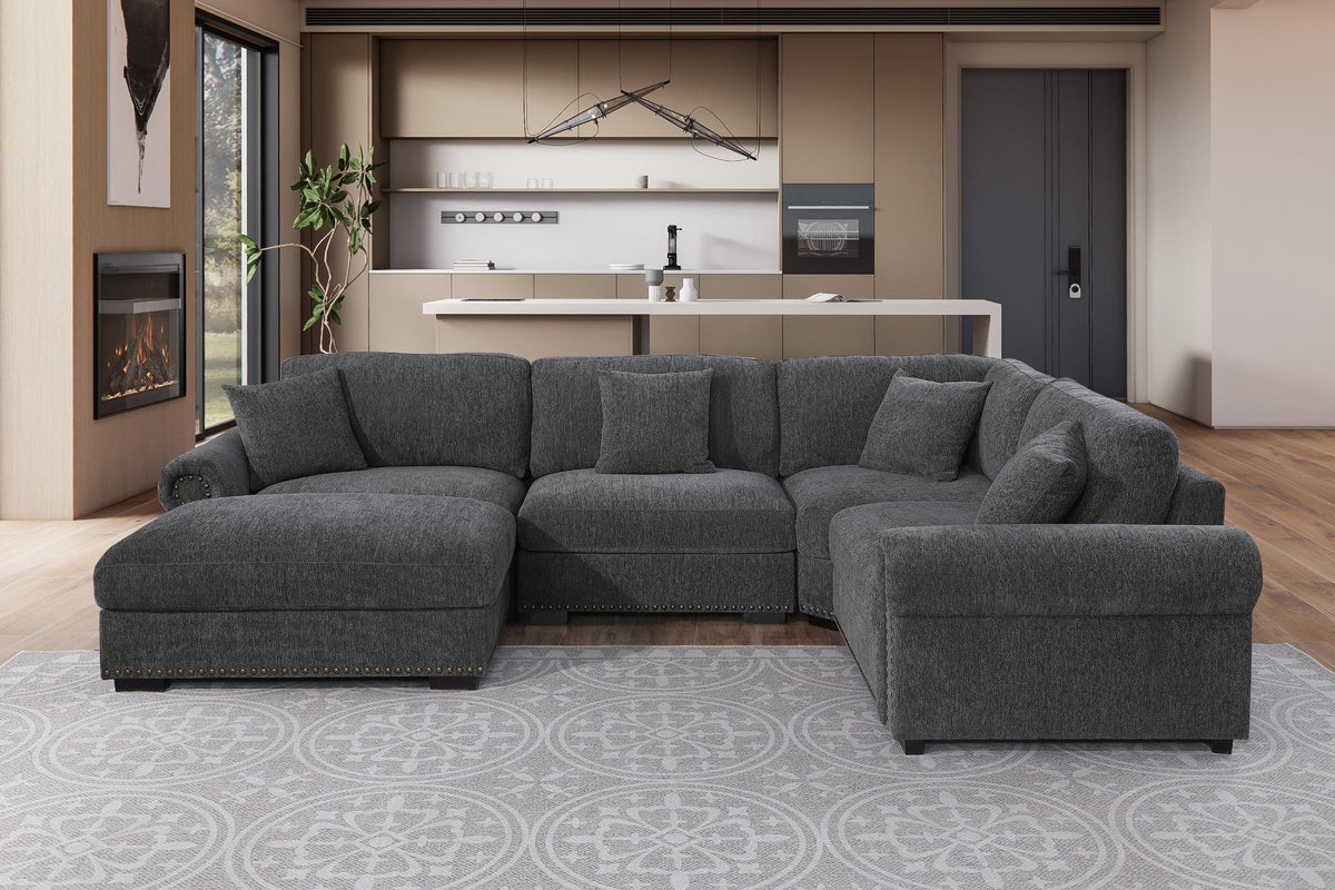 Oliver Modular Fabric Sectional Sofa with Nail head Trim, Reversible Ottoman & Armless Chair & Custom Layout Design