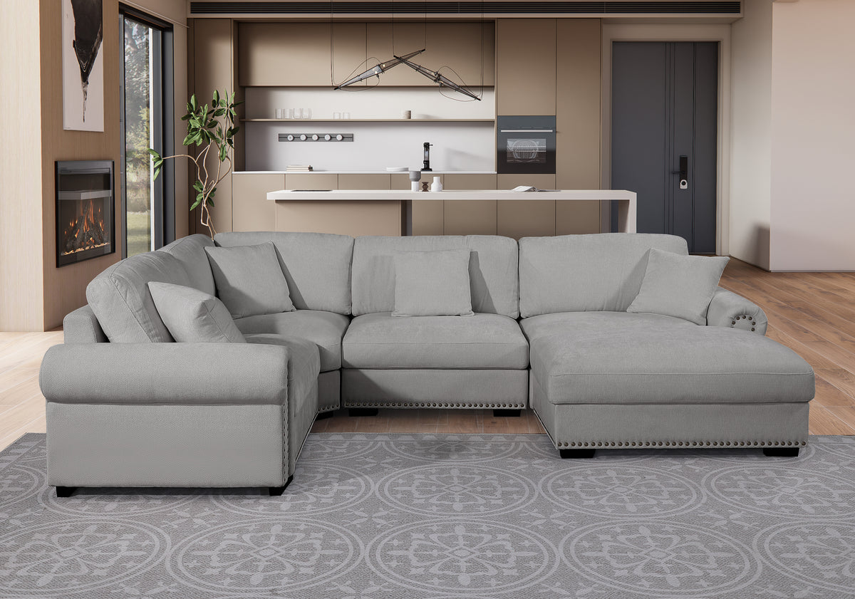 Oliver Modular Fabric Sectional Sofa with Nail head Trim, Reversible Ottoman & Armless Chair & Custom Layout Design