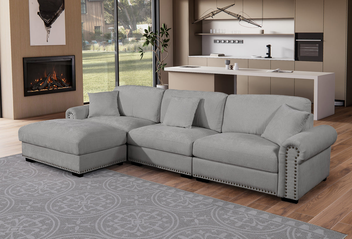 Oliver Modular Sectional Sofa with Nailhead Trim, Reversible Ottoman & Armless Chair – High-Density Foam Cushions & Pocket Spring Support