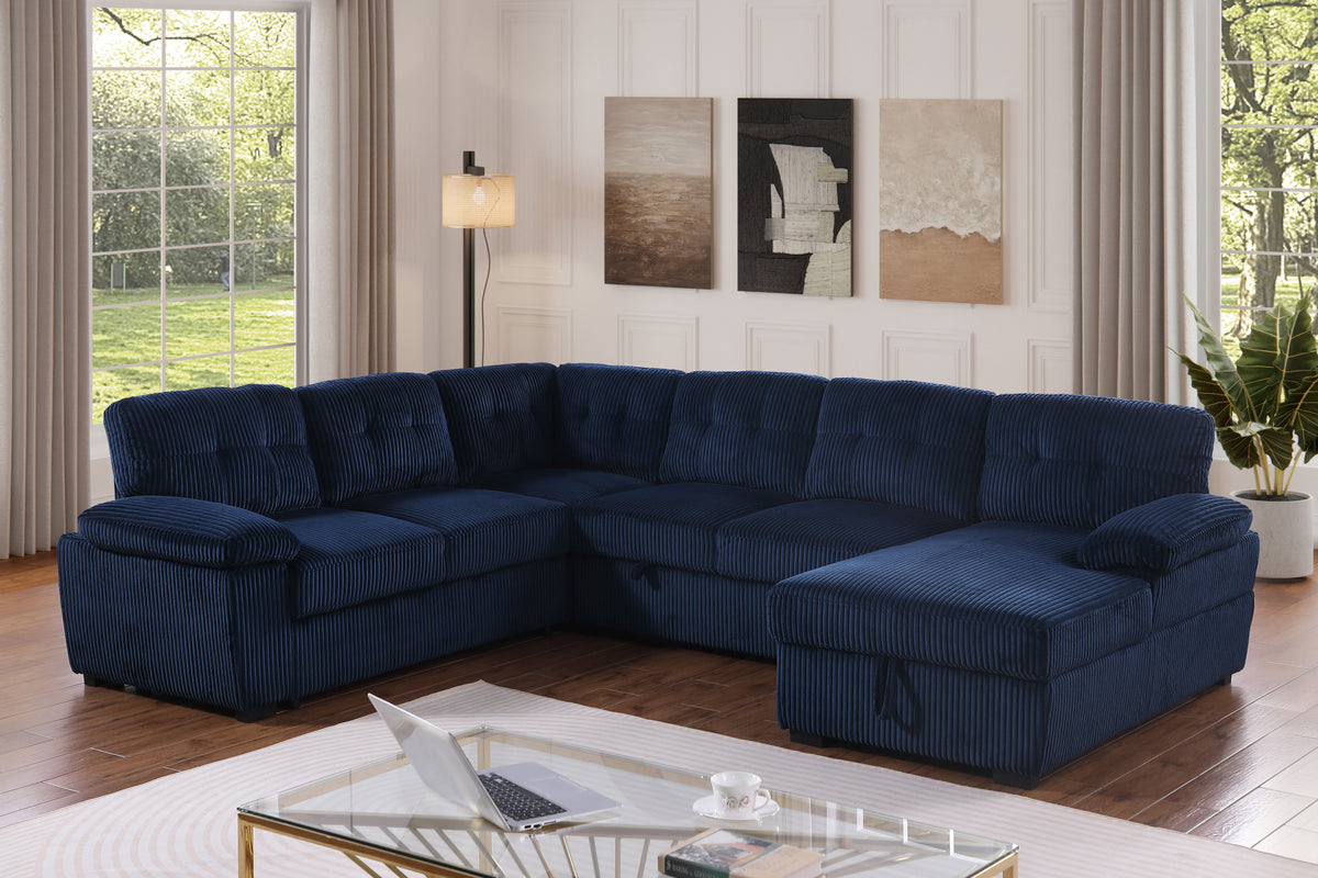 Shin Modern Corduroy Sleeper Sectional Sofa with Storage Chaise – Pull-Out Bed Couch with Deep Seats, Wide Armrests & Durable Frame