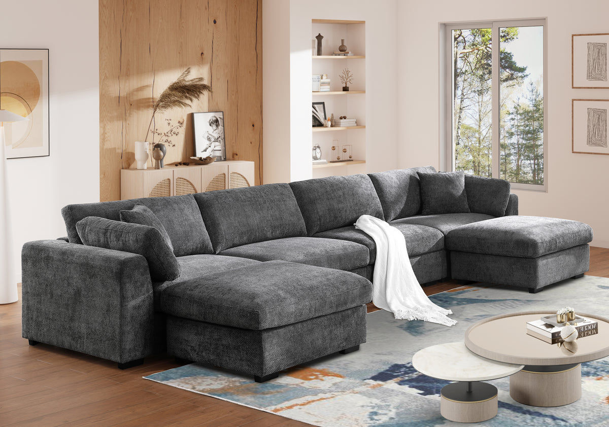 Luis Spacious Modular 4‑Seat Sectional with 2 Ottomans – Polyester Fabric Couch with High‑Density Foam, Wood Frame & Removable Cushion Covers