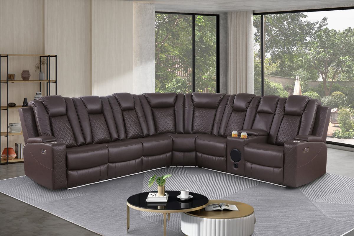 Ollie Faux Home Theater Electric Recliner Sectional – Ergonomic Sofa with USB Charging, Cup Holders, and Surround Sound Speakers