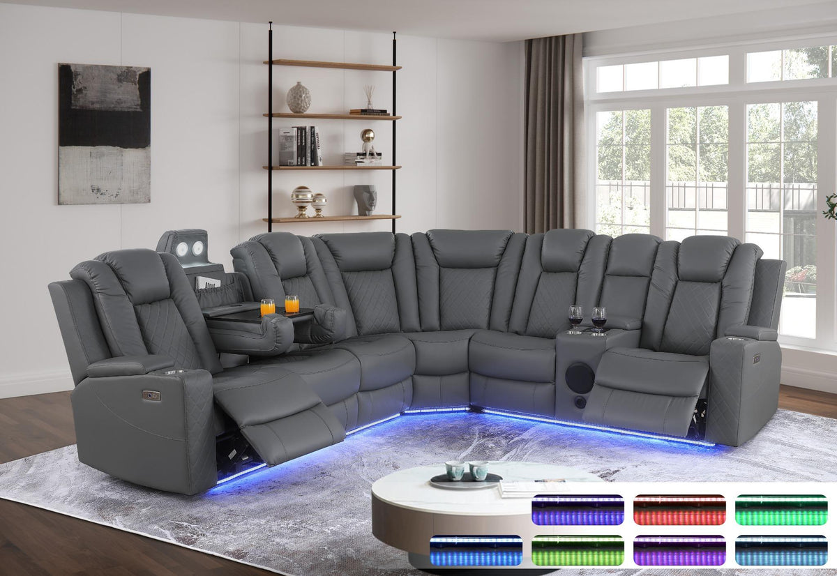 Ollie Faux Home Theater Electric Recliner Sectional – Ergonomic Sofa with USB Charging, Cup Holders, and Surround Sound Speakers